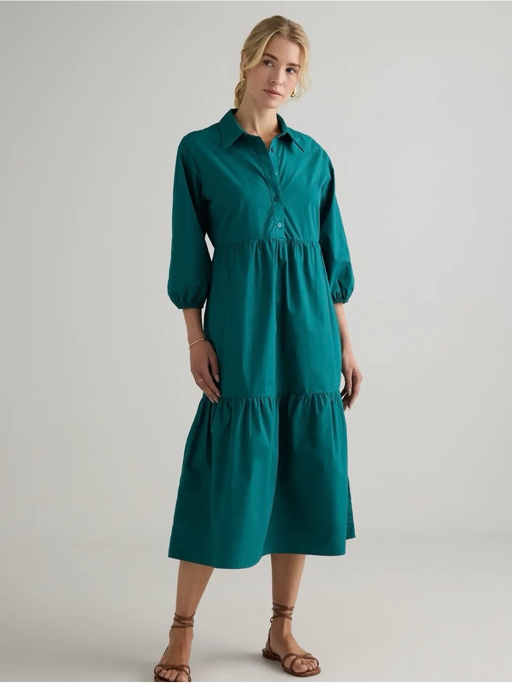 Quince Organic Cotton Poplin Tiered Midi Dress Garden Green - Size L - like New